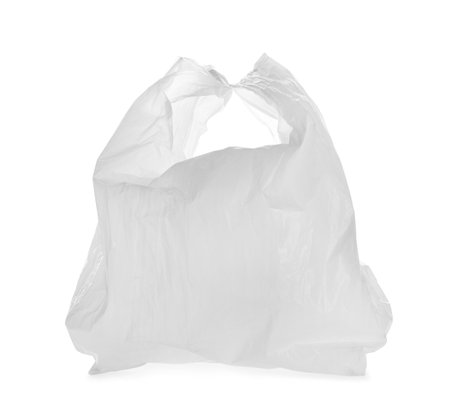 Clear disposable plastic bag on white backgroundの写真素材