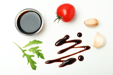 Composition with balsamic vinegar isolated on white, top viewの写真素材