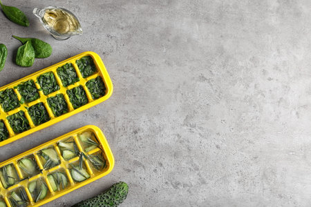 Flat lay composition with ice cube trays and space for text on tableの写真素材