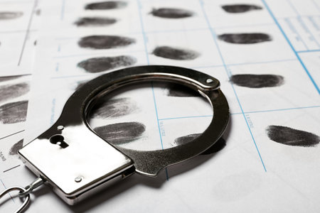 Police handcuff and criminal fingerprints card, closeup