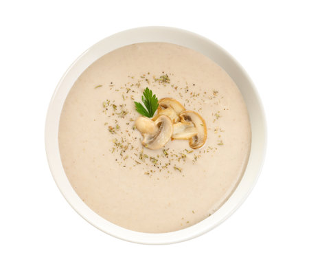 Dish with mushroom cream soup on white background, top view. healthy foodの写真素材