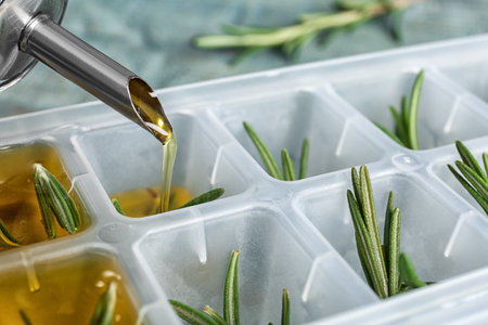 Pouring olive oil into ice cube tray with rosemary on table, closeupの写真素材