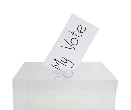 Ballot box with vote on white background. Election time