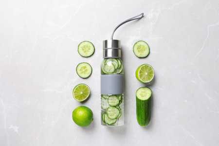 Flat lay composition with bottle of fresh cucumber water on gray backgroundの写真素材