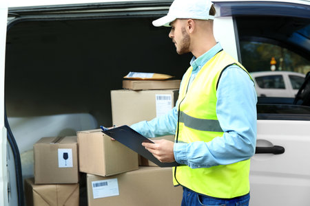 Young courier checking amount of parcels in delivery van, outdoors