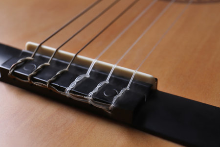 Closeup view of acoustic guitar, focus on bridge with stringsの写真素材