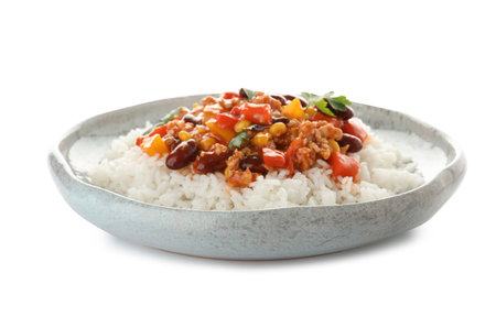 Plate of rice with chili con carne on white backgroundの写真素材