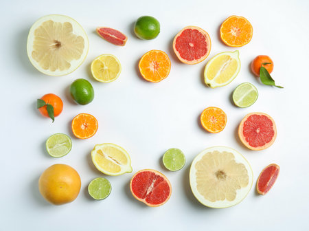 Different citrus fruits on white background, flat lay. Space for textの写真素材