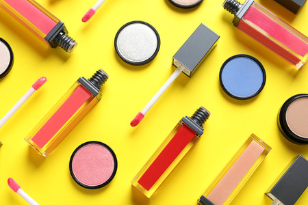 Composition with lipsticks on color background, flat layの写真素材