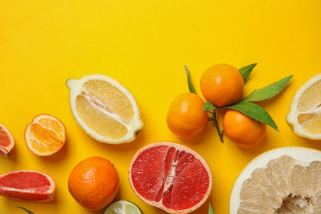 Different citrus fruits on color background, top view. Space for textの写真素材