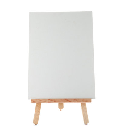 Wooden easel with blank canvas board on white background. children's paintingの写真素材