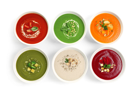 Various soups in bowls on white background, top view. healthy foodの写真素材