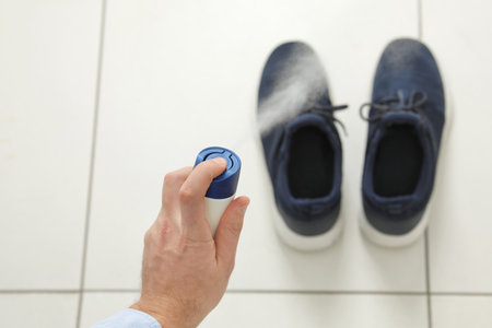 Man spraying deodorant over pair of shoes at home, closeup