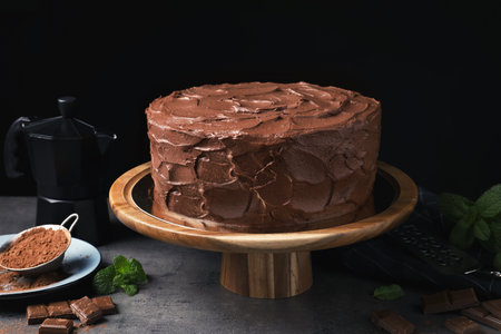 Composition with tasty homemade chocolate cake on tableの写真素材