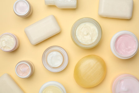 Flat lay composition with body care products on color backgroundの写真素材