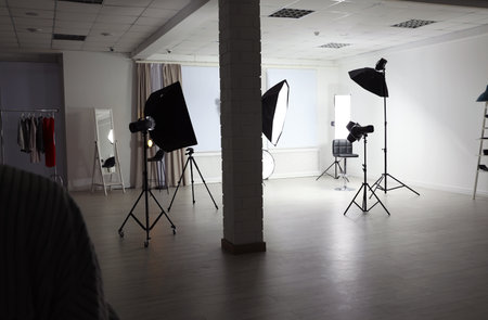 Interior of modern photo studio with professional equipmentの写真素材