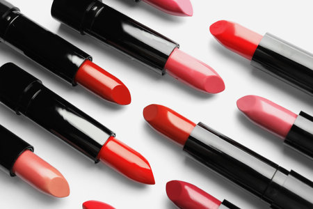 Flat lay composition with lipsticks on white backgroundの写真素材