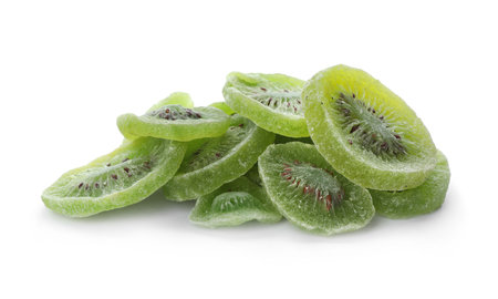 Slices of kiwi on white background. Dried fruit as healthy foodの写真素材