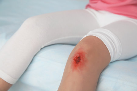 Little girl with injured leg in clinic, closeup. First aidの写真素材