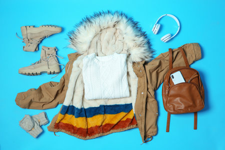 Flat lay composition with warm clothes for winter vacation on color backgroundの写真素材