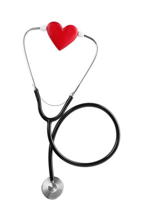 Stethoscope with red heart on white background, top viewの写真素材