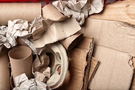 Pile of paper and cardboard garbage as background, top view. recycling problemの写真素材