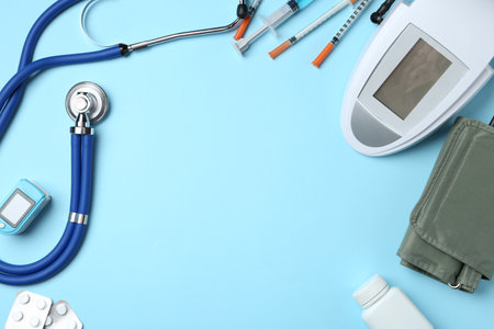 Flat lay composition with different medical objects and space for text on color backgroundの写真素材