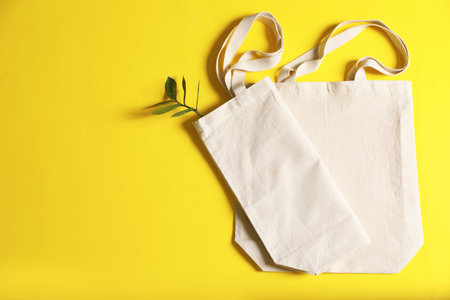 Flat lay composition with eco tote bags and space for text on color backgroundの写真素材