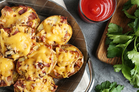 Flat lay composition with pan of baked potatoes, sauce and parsley on gray backgroundの写真素材