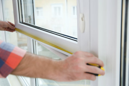 Construction worker measuring plastic window indoors, closeup. professional installation
