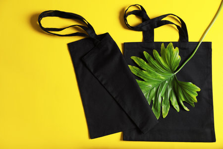 Flat lay composition with eco tote bags and leaf on color backgroundの写真素材