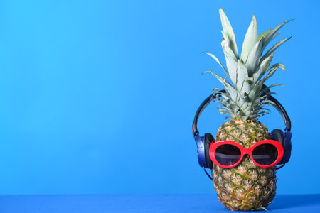 Pineapple with headphones and sunglasses on color background. Space for textの写真素材