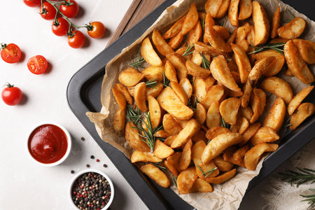 Flat lay composition with baked potatoes and rosemary in baking sheet on tableの写真素材