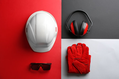 Flat lay composition with safety equipment on color backgroundの写真素材