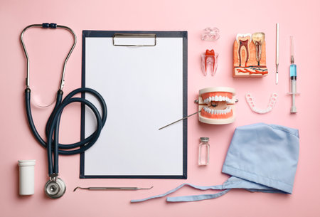 Flat lay composition with medical objects on color background. Space for textの写真素材