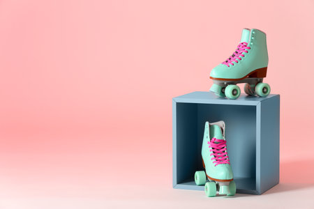 Pair of vintage roller skates and storage cube on color background. Space for text
