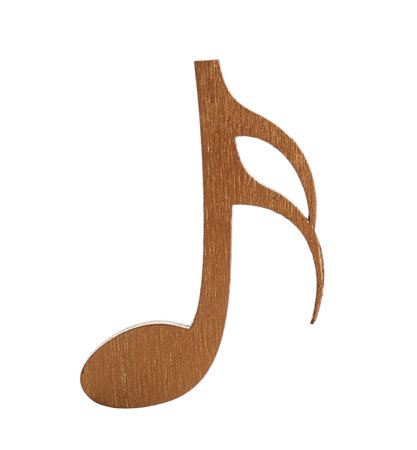 Brown wooden music note isolated on whiteの写真素材