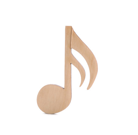 Wooden music note figure isolated on whiteの写真素材