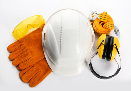 Set of safety equipment on white background, top viewの写真素材