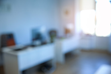 Defocused bokeh view of modern office interiorの写真素材
