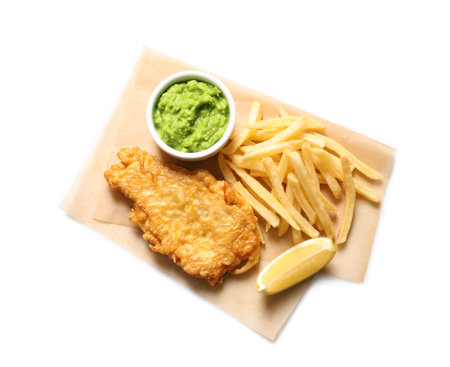 British Traditional Fish and potato chips on white background, top viewの写真素材