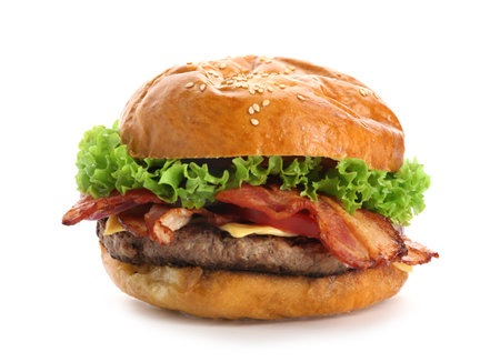 Delicious burger with bacon on white backgroundの写真素材