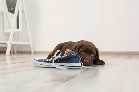 Chocolate Labrador Retriever puppy playing with sneaker on floor indoorsの写真素材