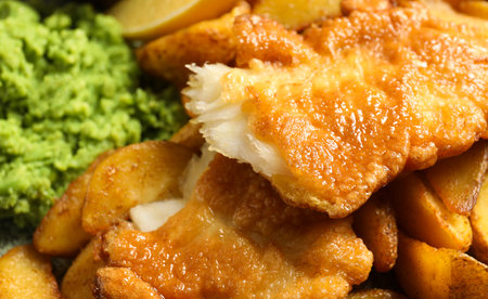 British traditional fish and potato chips, closeupの写真素材