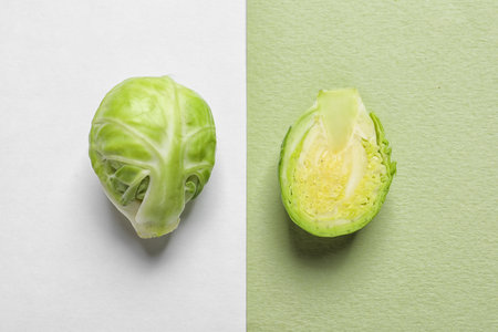 Tasty fresh Brussels sprouts on color background, top viewの写真素材