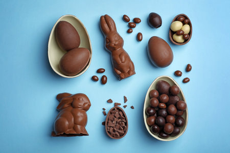 Flat lay composition with chocolate Easter eggs on color backgroundの写真素材