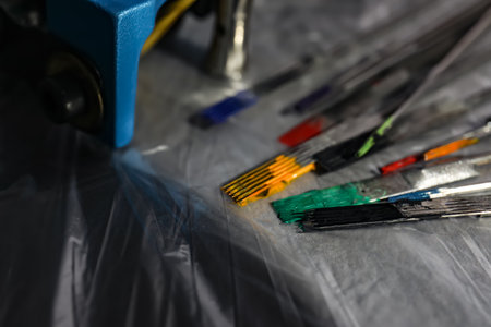 Tattoo needles covered with colorful inks on table, closeupの写真素材