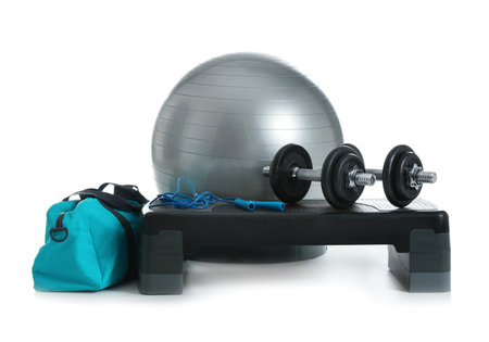 Set of fitness equipment on white backgroundの写真素材