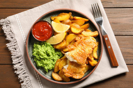 Plate with British traditional fish and potato chips on wooden background, top viewの写真素材