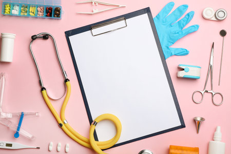 Flat lay composition with medical objects on color background. Space for textの写真素材
